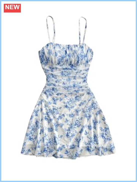 Dresses & Skirts - Floral Print Ruched Cami Mesh Mini Dress Ruffle Hem Sleeveless